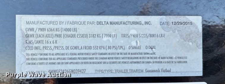 image for item EM2461 2016 Delta Manufacturing equipment trailer