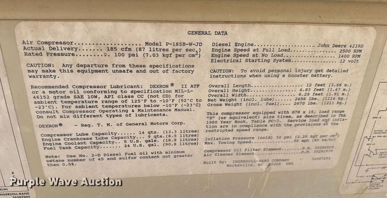 image for item EM8095 Ingersoll Rand P-185B-W-JD air compressor