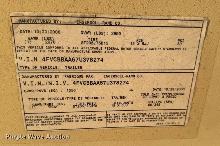 image for item EM8426 2007 Ingersoll Rand P185WIR air compressor