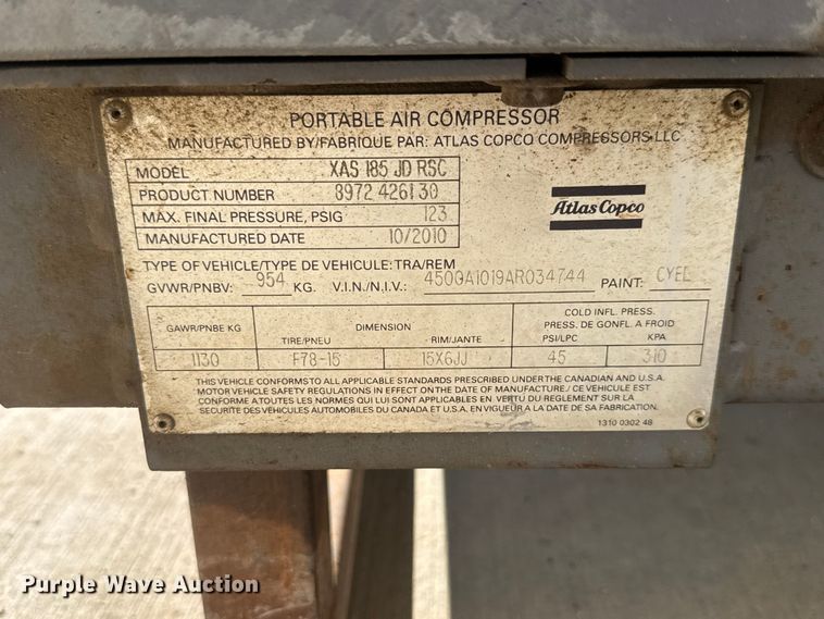 image for item EM8436 2010 Atlas Copco XAS 185 JD RSC air compressor