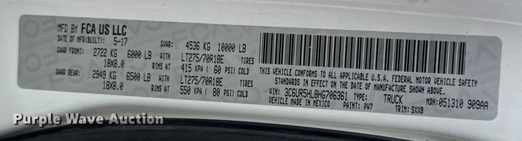 image for item EN0560 2017 RAM 2500 Crew Cab utility bed pickup truck