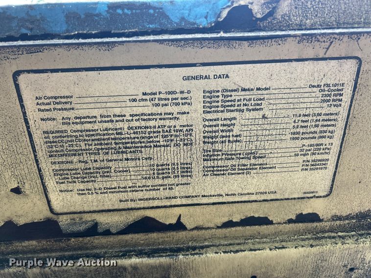 image for item ET3136 1994 Ingersoll-Rand P100DWD air compressor