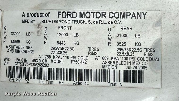 image for item ET3267 2006 Ford F750 Super Duty XL truck cab and chassis