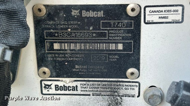image for item ET3354 2019 Bobcat T740 tracked skid steer loader