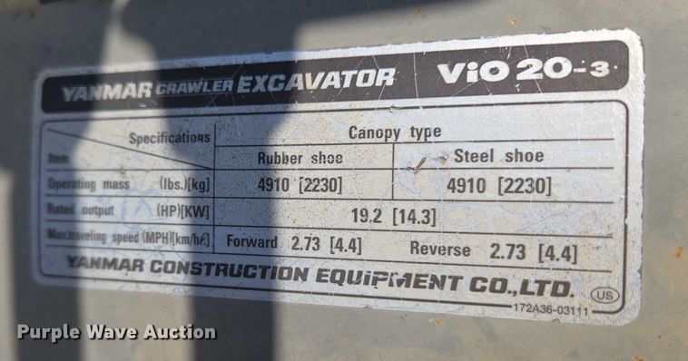 image for item EU3922 Yanmar VIO20-3 mini excavator