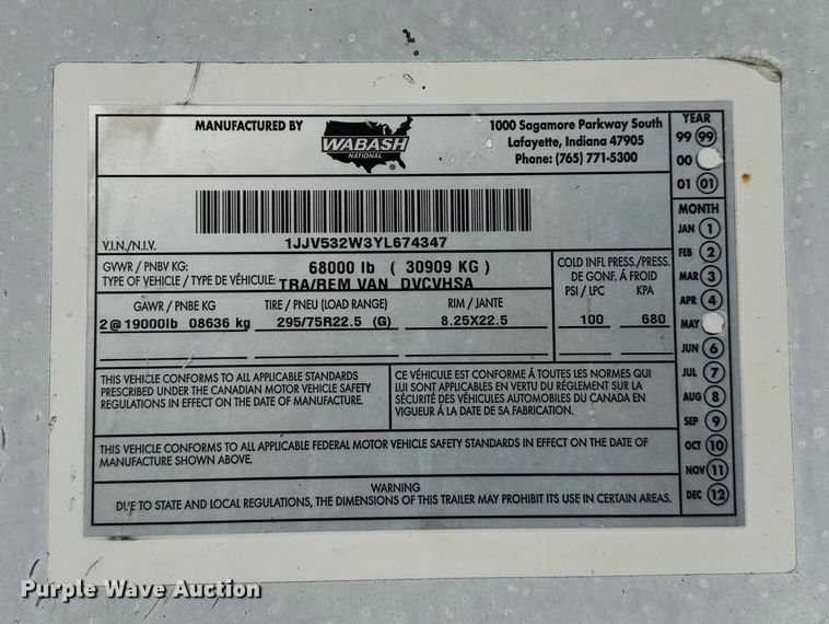 image for item EV1860 2001 Wabash  dry van trailer