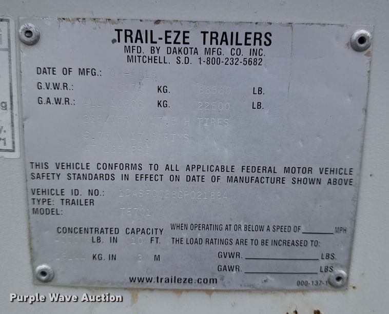 image for item NU9585 2016 Trail-Eze by Dakota TE701 drop deck equipment trailer
