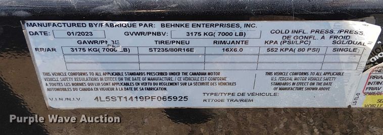 image for item NU9779 2023 Behnke Enterprises Inc RT700E reel trailer