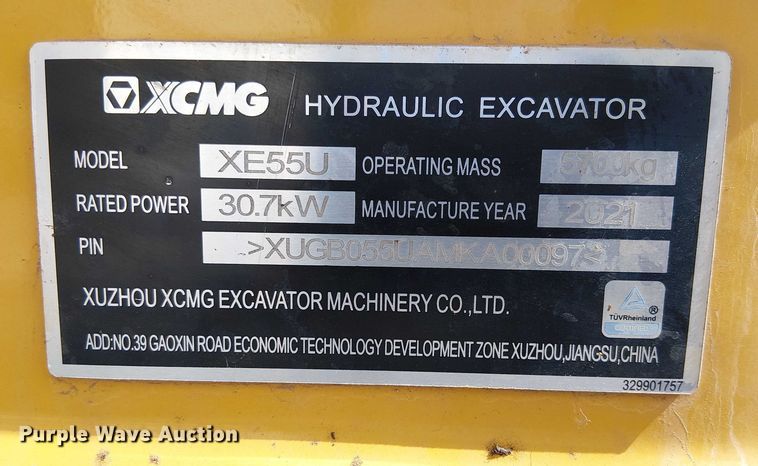 image for item YA1192 2021 XCMG XE55U mini excavator
