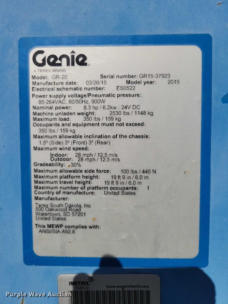 image for item YA1203 2015 Genie GR20 vertical lift