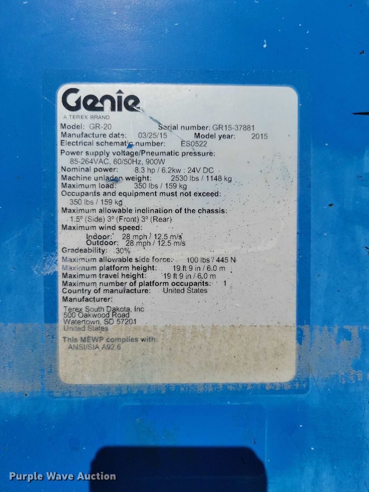 image for item YA1204 2015 Genie GR20 vertical lift