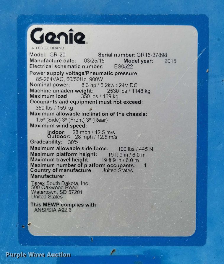 image for item YA1205 2015 Genie GR20 vertical lift