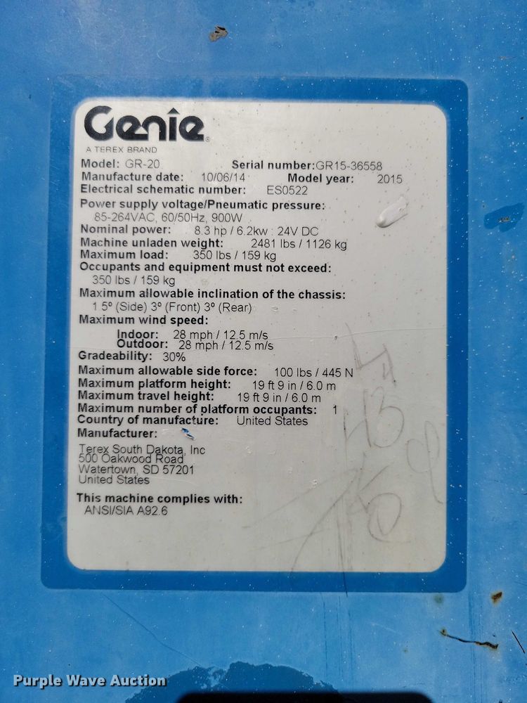 image for item YA1206 2015 Genie GR20 vertical lift