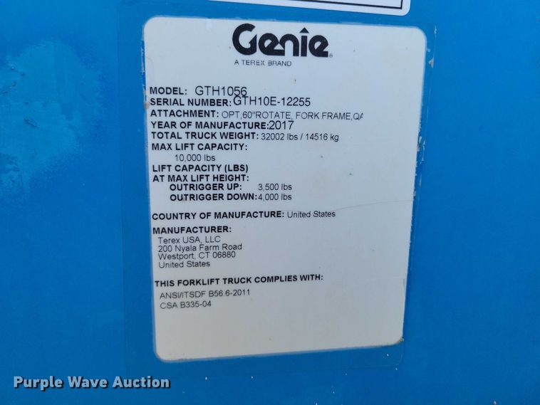 image for item YA1207 2017 Genie GTH-1056 telehandler