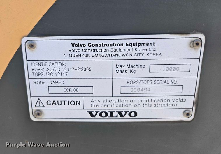 image for item YA1366 2008 Volvo ECR88 mini excavator