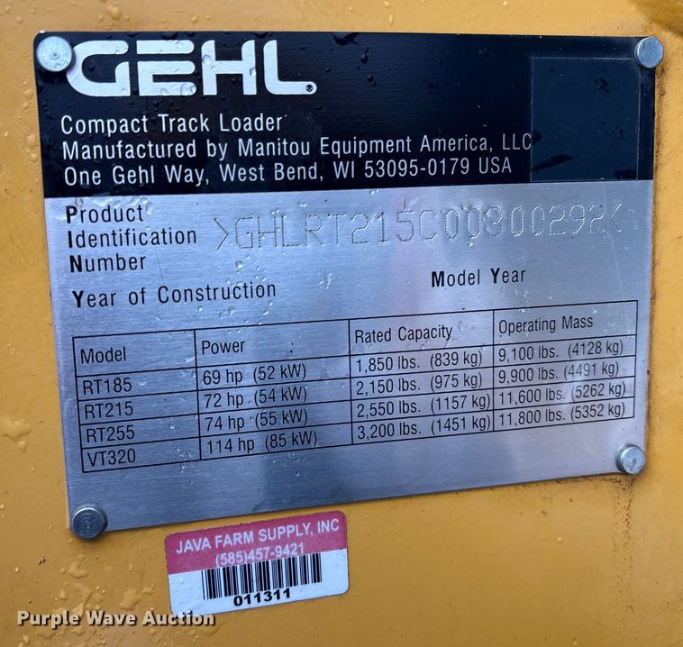 image for item YA1459 2019 Gehl RT215 tracked skid steer loader