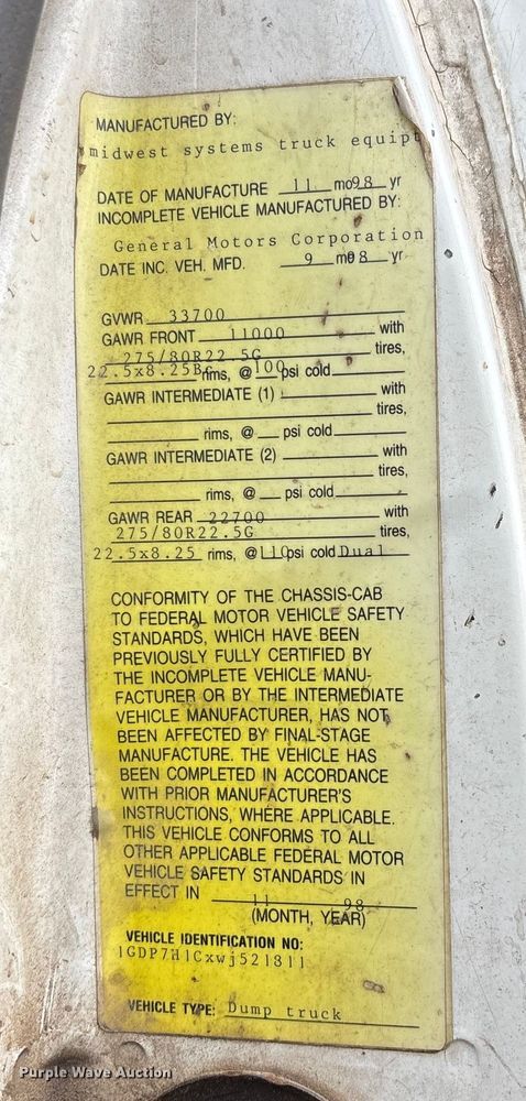 image for item DU1498 1998 GMC C7500 dump truck