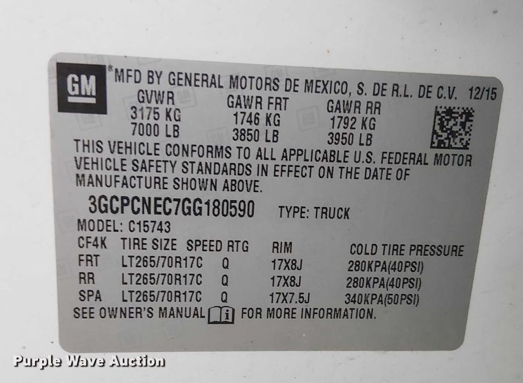 image for item DU3693 2016 Chevrolet Silverado 1500 Crew Cab pickup truck