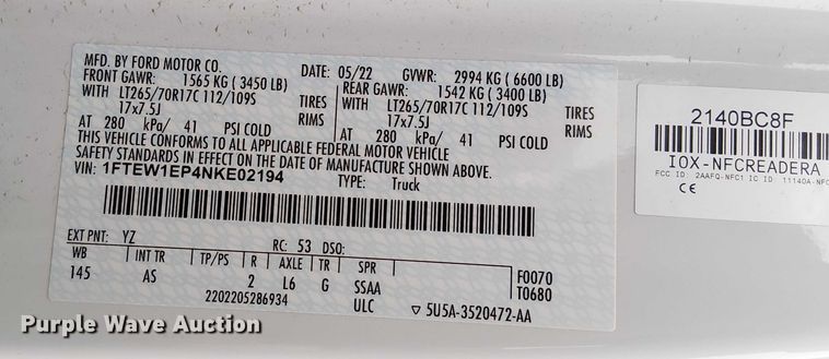 image for item DU3704 2022 Ford F150 SuperCrew pickup truck