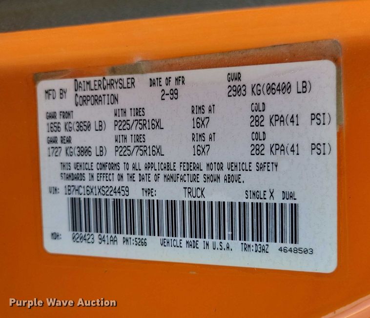 image for item DX6586 1999 Dodge Ram 1500 pickup truck