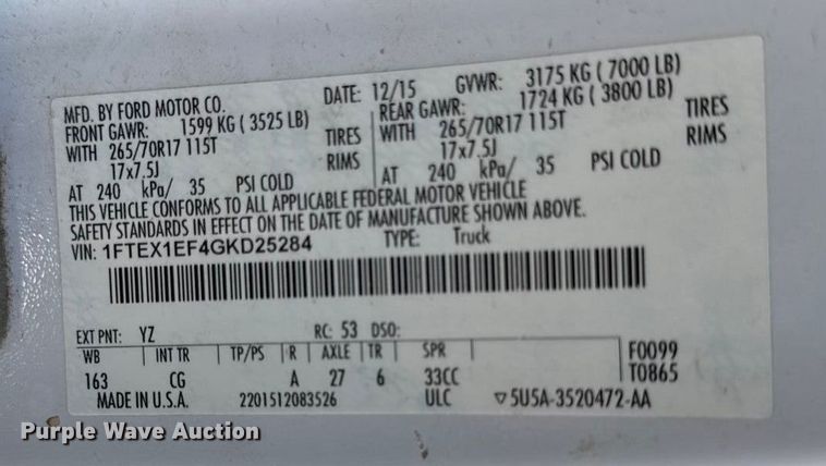 image for item DY8458 2016 Ford F150 XL SuperCab pickup truck