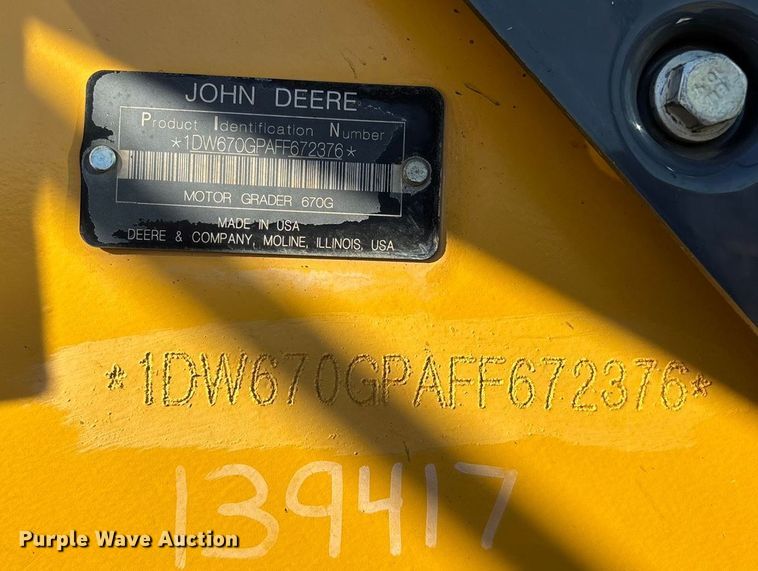 image for item ED2327 2015 John Deere 670G motor grader