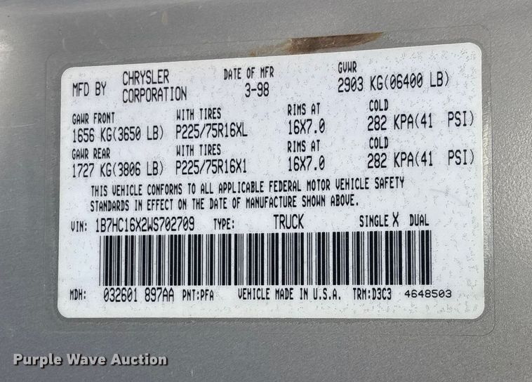 image for item EE4207 1998 Dodge Ram 1500 pickup truck