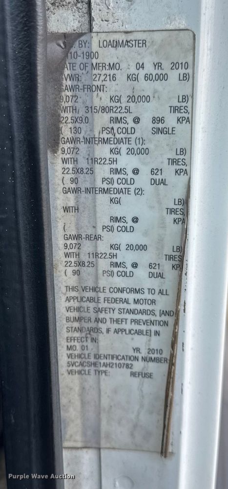 image for item EF2269 2010 Autocar Xpeditor refuse truck