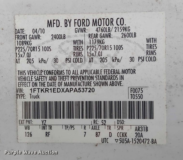 image for item EG8784 2010 Ford Ranger SuperCab pickup truck