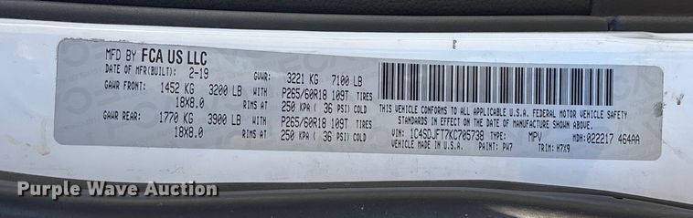 image for item EJ7713 2019 Dodge Durango SSV SUV