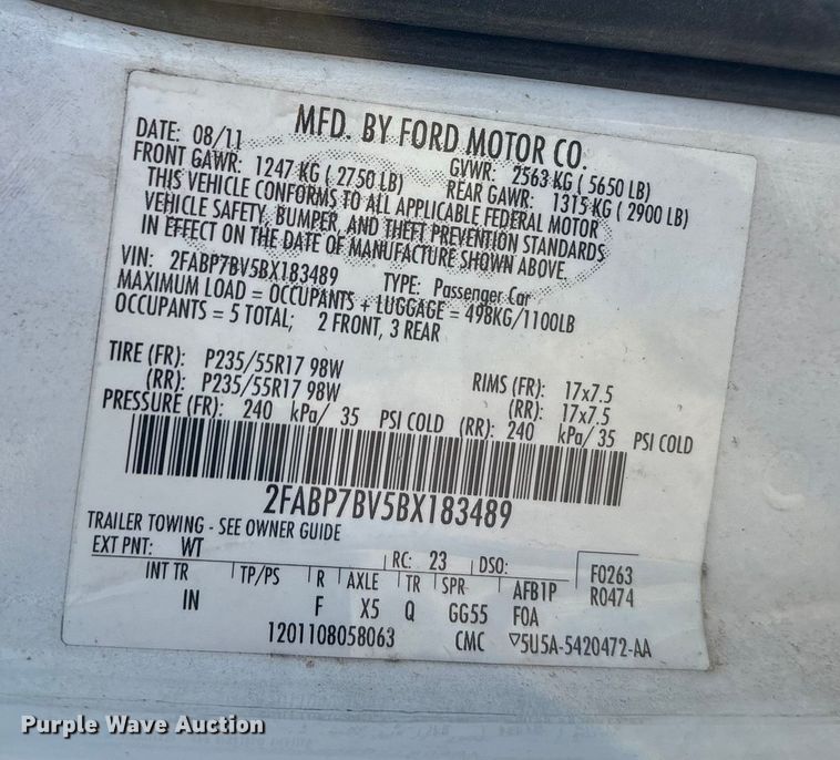 image for item EJ7716 2011 Ford Crown Victoria Police Interceptor 