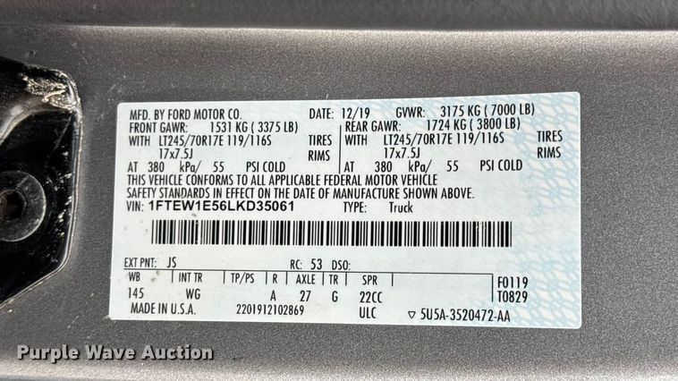 image for item EN0585 2020 Ford F150 XL SuperCrew pickup truck