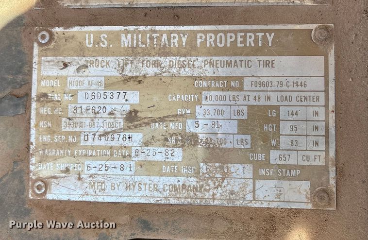 image for item ET7182 1981 Hyster H100F AF 48 forklift