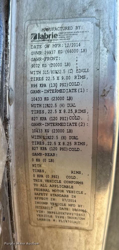 image for item EU5321 2015 Peterbilt 320 refuse truck