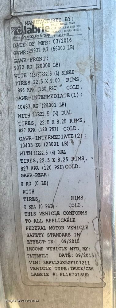 image for item EU5322 2016 Peterbilt 320 refuse truck