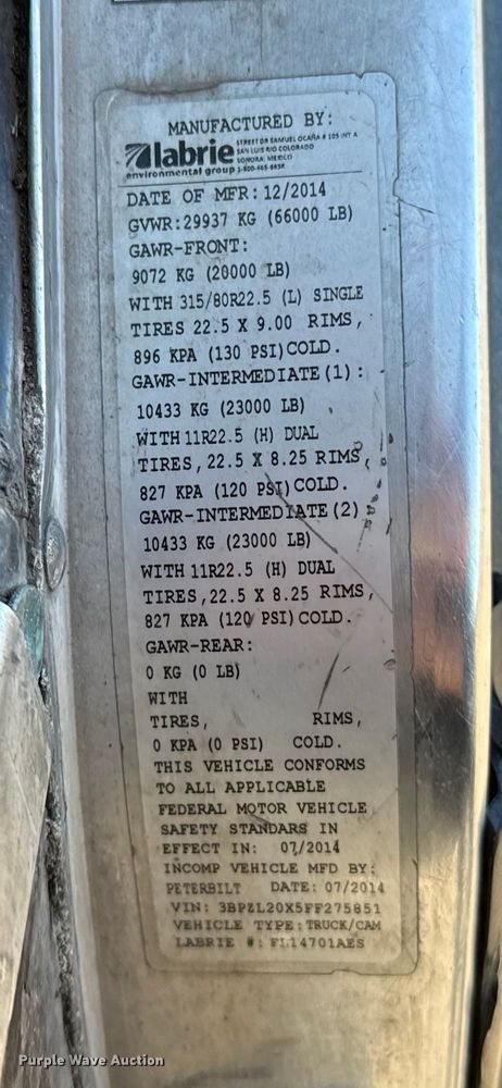 image for item EU5324 2015 Peterbilt 320 refuse truck