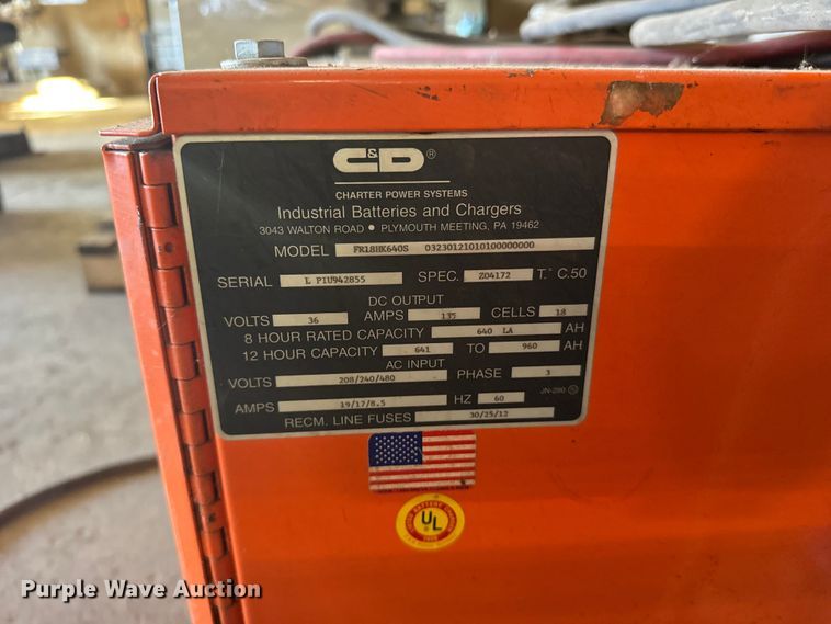 image for item EU6300 C&D Charter Power Systems FR18HK640S forklift charger 