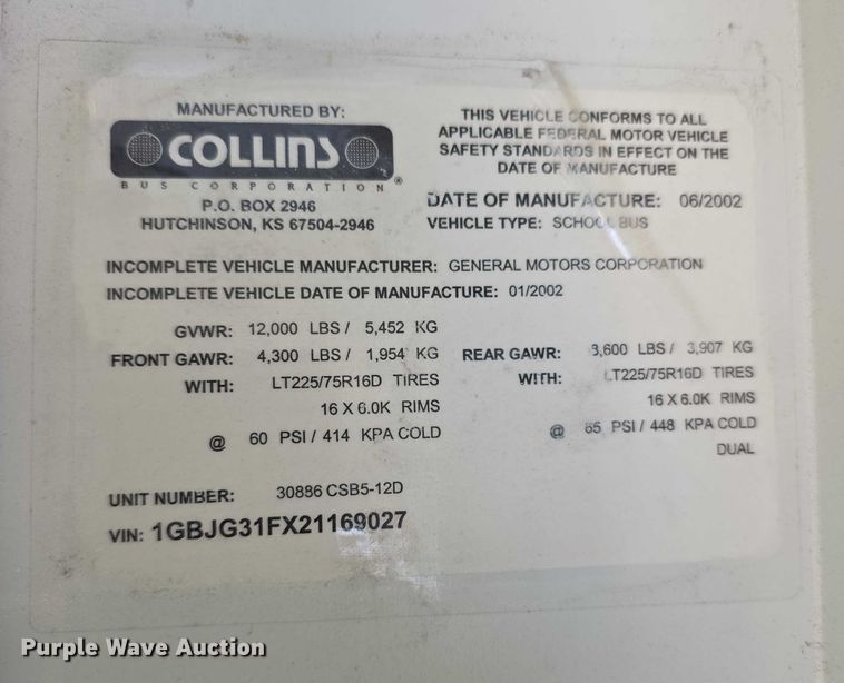 image for item FI0649 2002 Chevrolet Express 3500 school bus