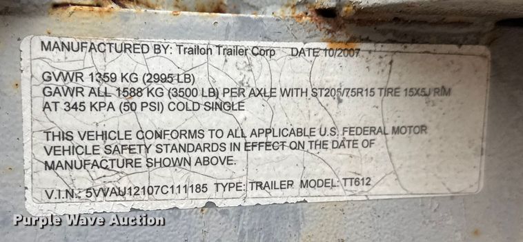 image for item NA9791 2007 Trailon TT612 utility trailer