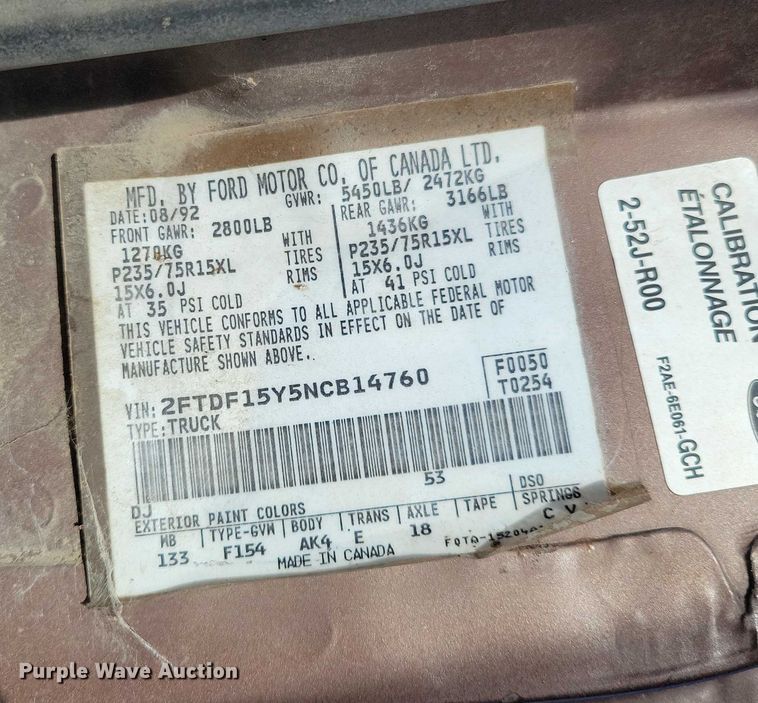 image for item NO9760 1992 Ford F150 pickup truck