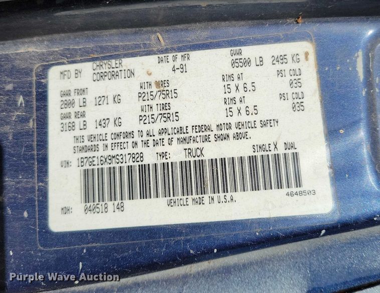 image for item NO9762 1991 Dodge D150 pickup truck