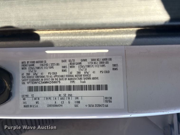 image for item DJ7987 2021 Ford F150 SuperCrew pickup truck