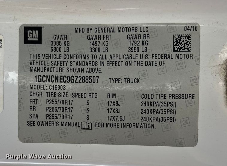 image for item DU1371 2016 Chevrolet  Silverado 1500 pickup truck