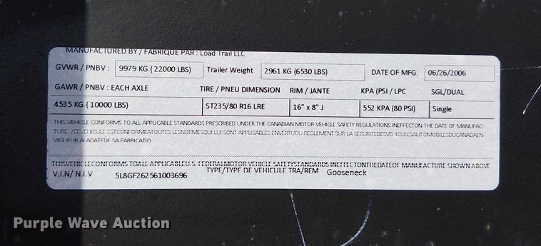 image for item DU3749 2006 Load-Max equipment trailer