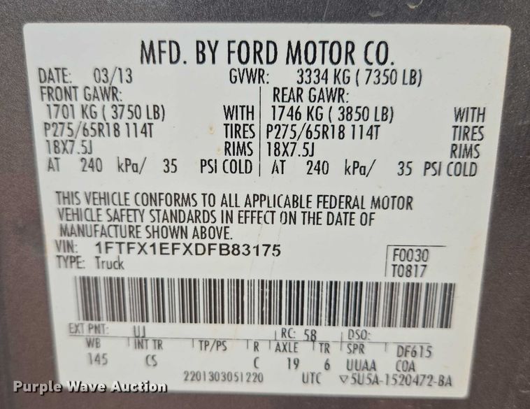 image for item DY1222 2013 Ford F150 STX SuperCab pickup truck