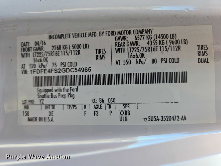 image for item DY1427 2016 Ford E450 shuttle bus