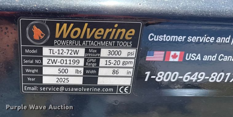 image for item DY8411 2025 Wolverine TL-12-72W skid steer tiller