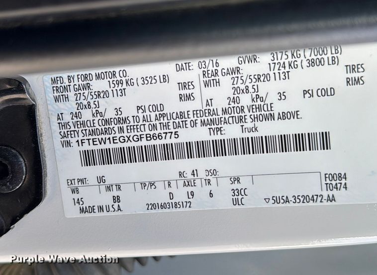 image for item EA2022 2016 Ford F150 Platinum SuperCrew pickup truck