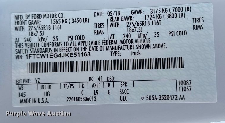 image for item EA2023 2018 Ford F150 SuperCrew pickup truck