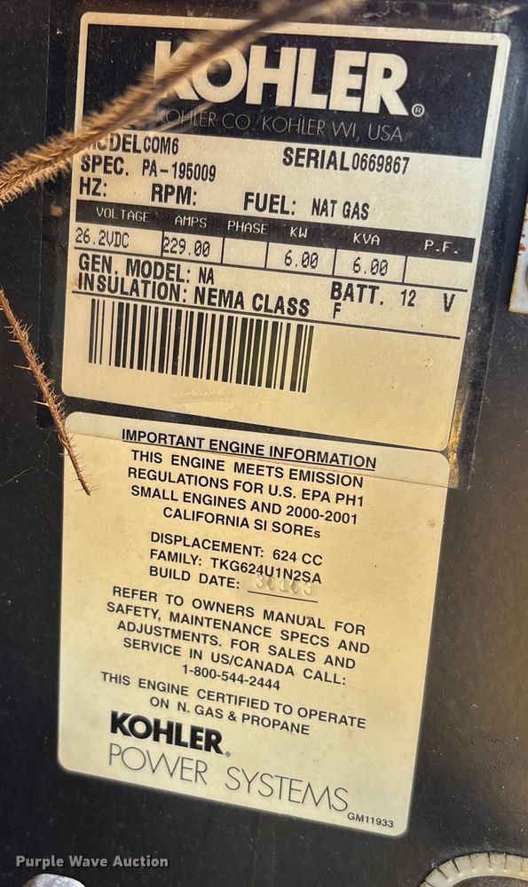 image for item EA7722 Kohler COM6 generator